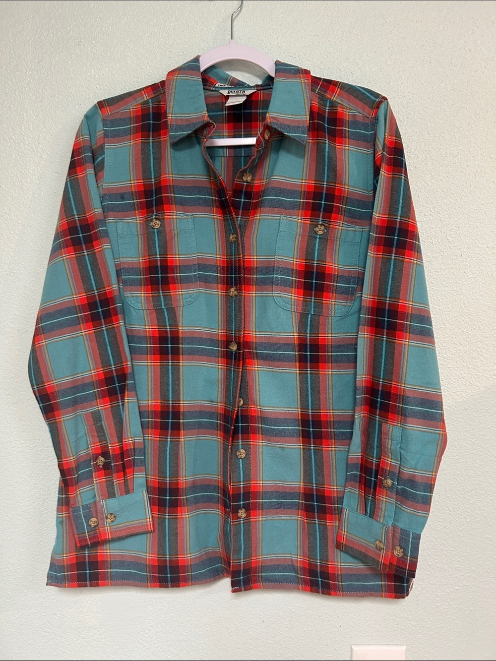 Duluth Trading Co Plaid Button-Down Shirt in Teal and Red